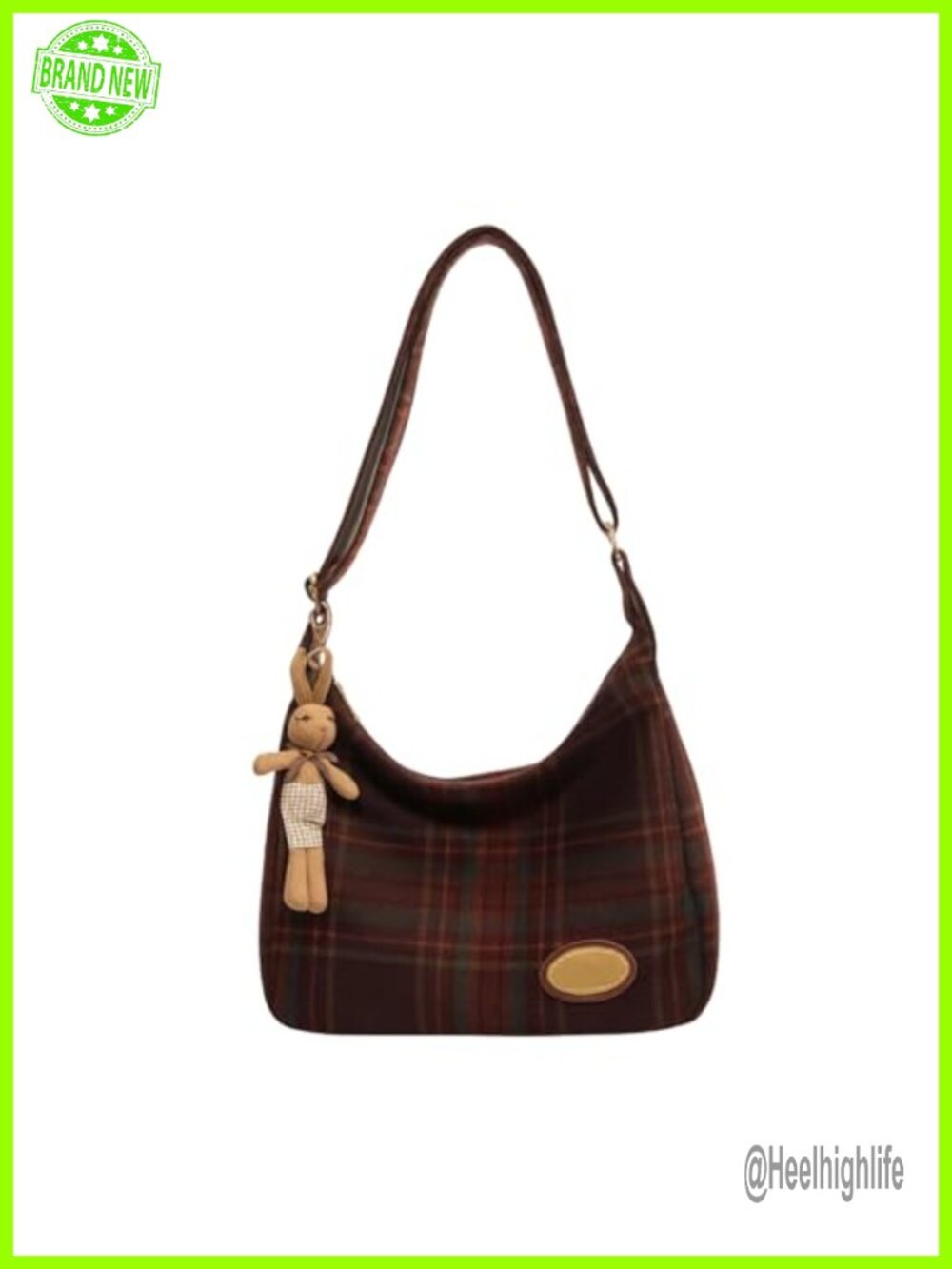 Women's Plaid Wool Hobo Shoulder Bag with Rabbit Charm